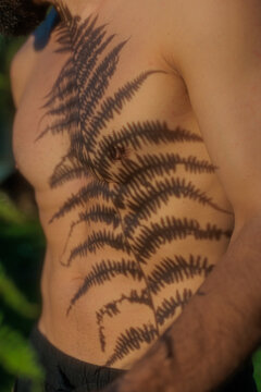 Man Showing Fern Shadow on His Chest in a Natural Setting
