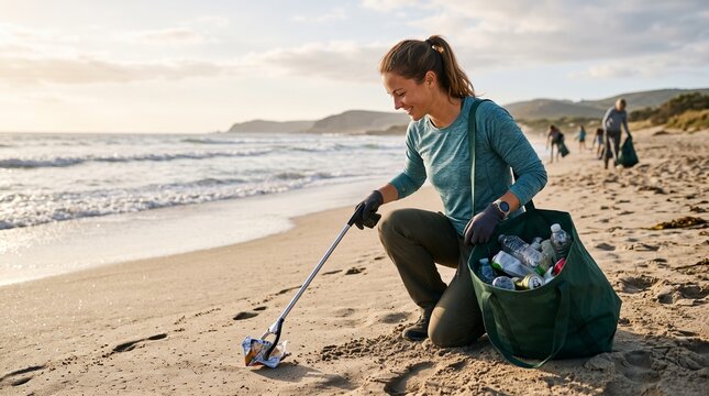 Woman cleaning beach with trash picker and bag collecting plastic bottles and cans