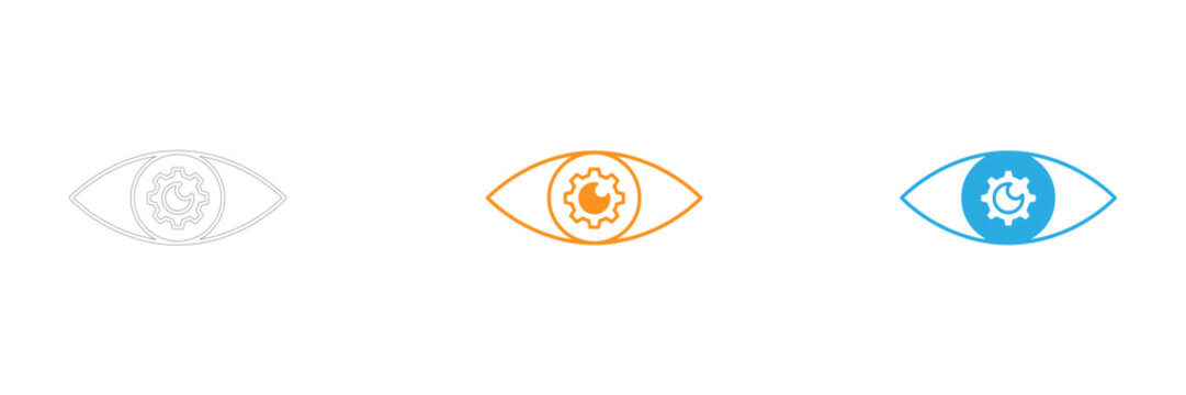 Three variations of an eye icon with gears inside representing vision and technology