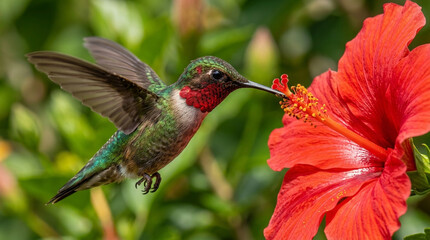 Fototapeta premium Ruby-throated hummingbird feeding on vibrant red hibiscus flower