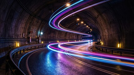 Fototapeta premium Futuristic Tunnel with Vibrant Neon Light Trails and Long Exposure Motion Blur for High-Speed Technology Concept