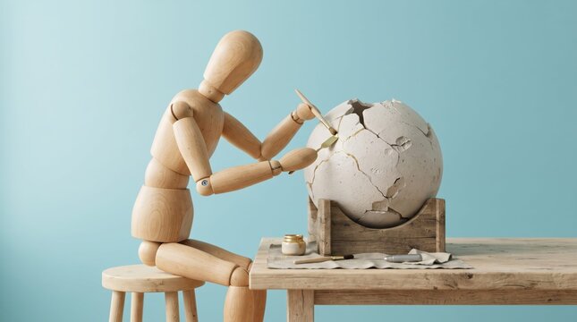Wooden man repairing cracked globe with glue