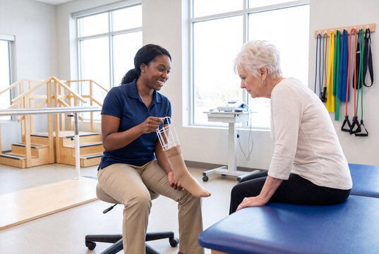 Occupational Therapist Teaching Senior Woman How to Use Sock Aid for Compression Stockings in Clinic