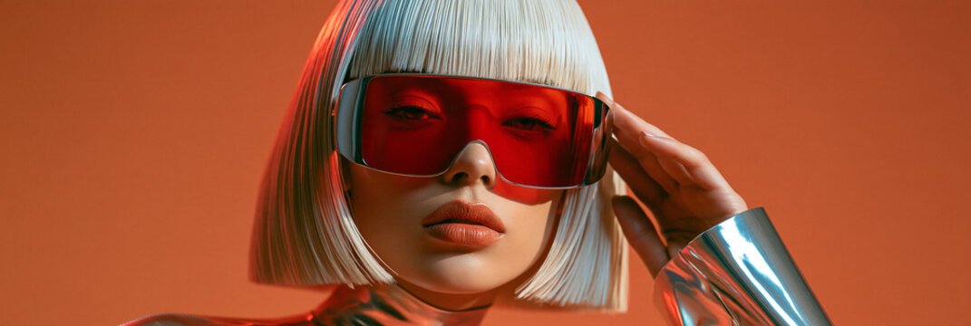 Junge Frau mit wei&szlig;er Kurzhaarper&uuml;cke und roter Sonnenbrille