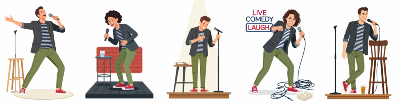 Vector illustration set of a young male stand-up comedian performing on stage with a microphone in various expressive poses and gestures.