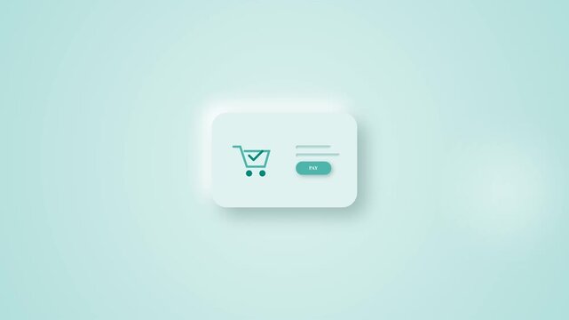 Shopping cart icon with checkmark and button on a pastel background.