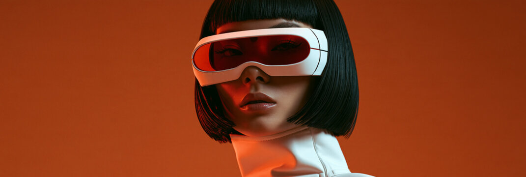 Frau mit futuristischem Visier vor orangefarbenem Hintergrund