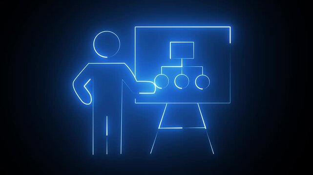 Neon figures present information at a conference on transparent background glowing presentation meeting speaker audience lectern display technology corporate business
