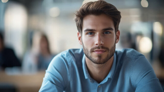 Close-up portrait of a young job candidate listening attentively during a recruitment interview, slightly nervous but optimistic expression, modern office softly blurred behind, hi