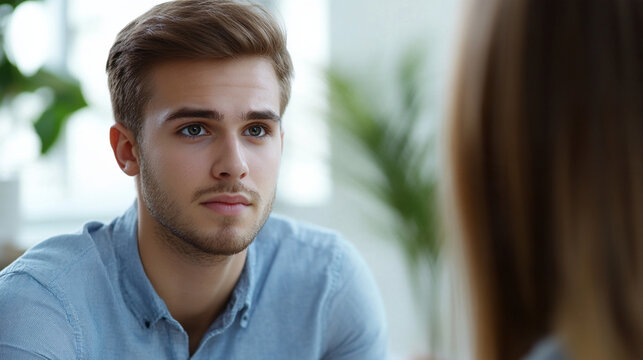 Close-up portrait of a young job candidate listening attentively during a recruitment interview, slightly nervous but optimistic expression, modern office softly blurred behind, hi
