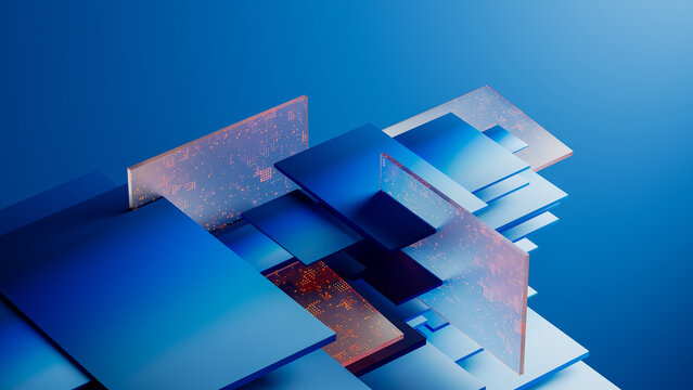 Layered Digital Data Panels on a Blue Technology Background