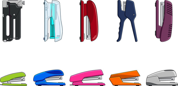 Stapler and Office Stationery Vector Icon Set Featuring Desktop Paper Fasteners Heavy Duty Staple Guns and Plier Staplers for School and Workplace Supply Designs