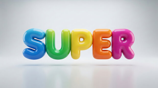 Colorful 3D Bubble Lettering Spelling the Word Super with Glossy Texture and Vibrant Gradient Effect on a Clean White Studio Background