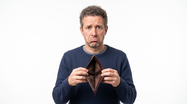 Man with sad expression holding empty wallet showing financial hardship and debt concept