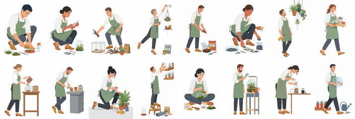 Fototapeta premium Collection of flat vector illustrations of diverse people in green aprons gardening, planting, and caring for indoor plants and terrariums.