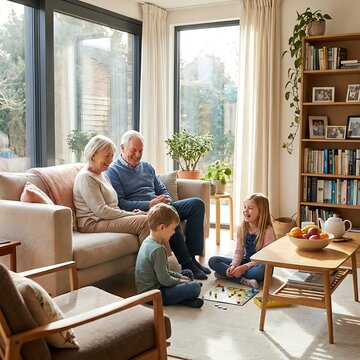 Happy Grandparents and Grandchildren Playing Board Game in Bright Sun-Filled Living Room, Intergenerational Bonding and Family Wellness