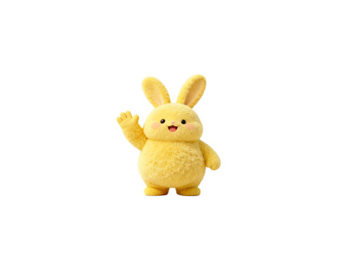 Cute and fluffy yellow plush bunny toy waving hand isolated on white background for children's play and decoration