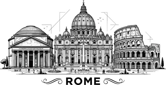 Rome skyline vector illustration featuring famous ancient landmarks including colosseum pantheon and st peters basilica architecture monument
