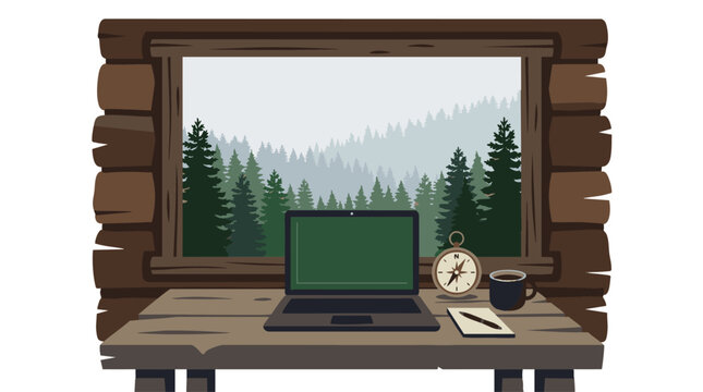 Cozy wooden cabin workspace with scenic forest view through window, concept for remote work lifestyle and digital nomad inspiration background