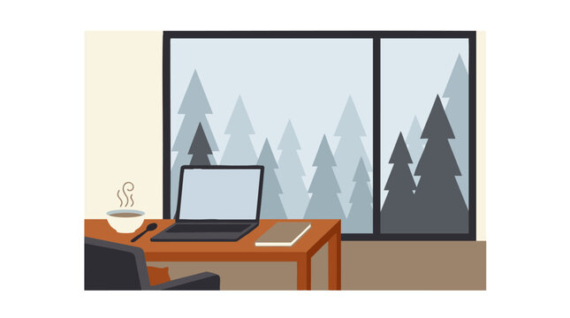 Cozy workplace interior with scenic pine forest view outside window, concept for remote work lifestyle, digital nomad blogging and freelance career promotion
