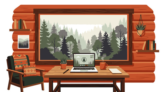 Cozy wooden cabin interior with large forest window view, concept for remote work lifestyle and digital nomad background website illustration