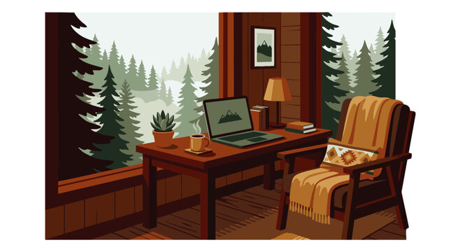 Cozy wooden cabin interior with scenic forest view through large window, concept for remote work lifestyle and digital nomad background design
