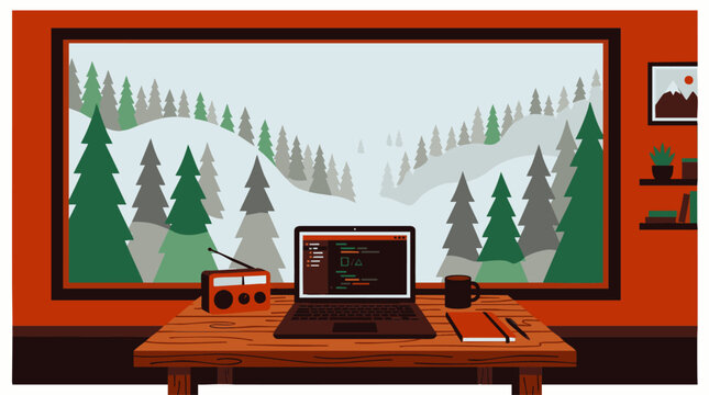 Cozy wooden desk featuring an open laptop, radio and scenic window view of winter pine forest, concept for remote work, digital nomad lifestyle and creative home office branding