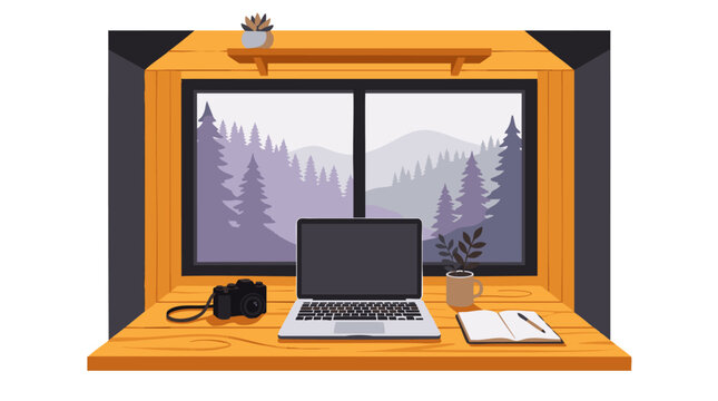 Cozy wooden desk interior with laptop, camera and scenic forest window view, concept for remote work lifestyle and freelance productivity banners