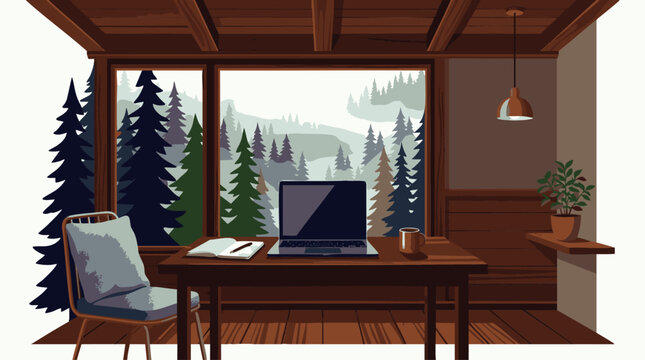 Cozy wooden cabin interior with large panoramic window overlooking pine forest, concept for remote work lifestyle and freelance productivity in nature