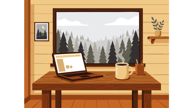 Cozy wooden desk with laptop and coffee cup in front of a window view, concept for remote work lifestyle, digital nomad productivity and home office illustration
