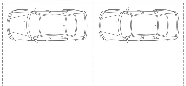 Top view linear layout vector of two sedan cars parked inside parallel parking spaces on white background