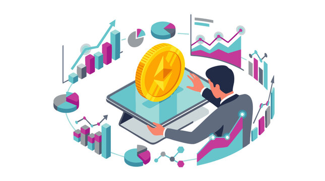 Isometric digital currency with modern financial charts, concept for cryptocurrency trading strategy, web banner design and fintech business presentation