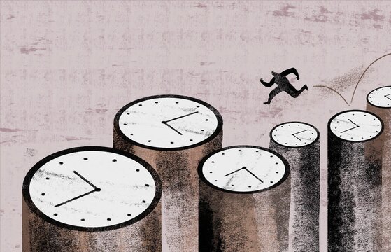 Person Running Across Clocks &ndash; Time Management Concept