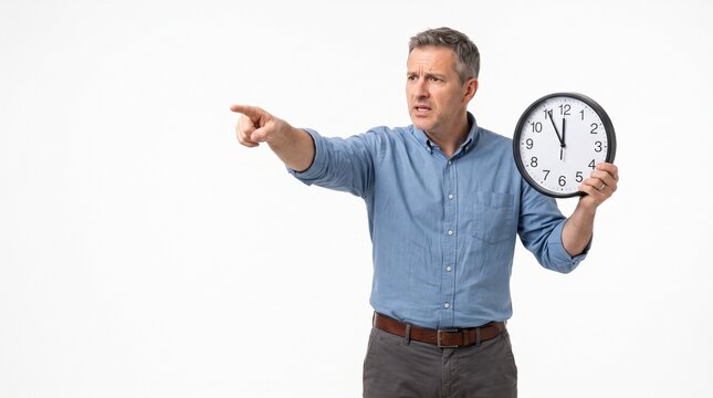 Frustrated man pointing and holding a clock showing almost midnight or noon