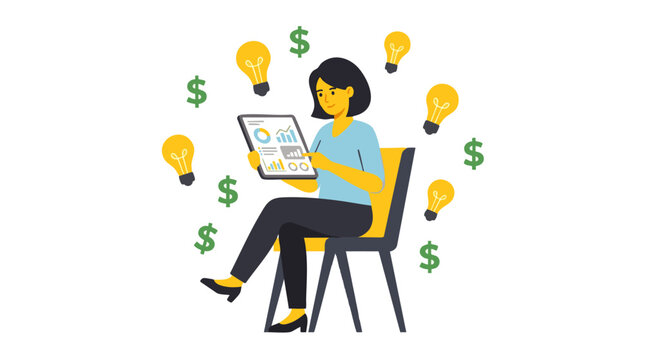 Creative business woman sitting with tablet device surrounded by glowing lightbulbs and money symbols, concept for startup funding, financial success and innovative enterprise strategy