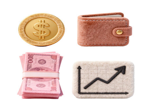 Set of financial icons featuring a gold dollar coin, a pink wallet, a stack of money, and a growing profit growth chart for business investment and banking concepts