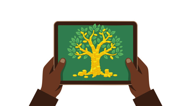 Digital tablet with financial tree graphic in hands, concept for wealth growth and smart investment, corporate presentation and banking app design