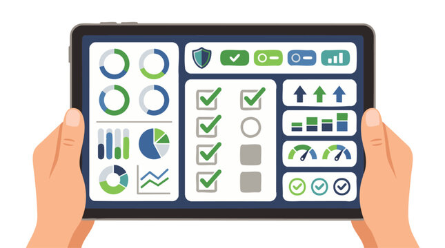 Modern digital tablet with colorful charts on screen, concept for business data analysis, financial reporting, and corporate dashboard presentation