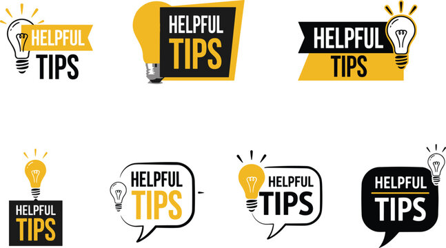 Helpful Tips Badge Collection with Light Bulb Icons and Speech Bubbles in Flat Vector Design