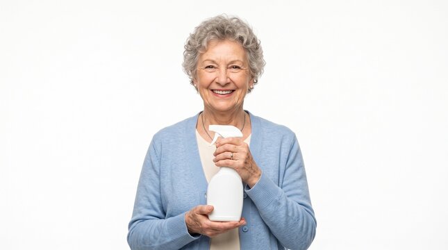 Smiling senior woman holding a white spray bottle for cleaning against a white background