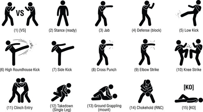 Vector stick figure icons set illustrating mixed martial arts techniques fighting moves combat training and defense positions
