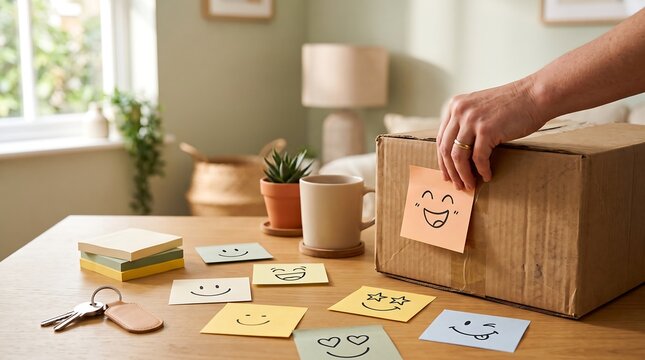 Person placing a happy face sticky note on a cardboard delivery box
