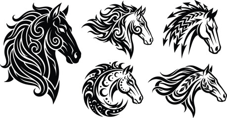 Obraz premium Tribal Horse Head Vector Silhouette Set Featuring Decorative Wild Stallion Profiles and Stylized Equine Mane Elements for Tattoos Logos and Decals