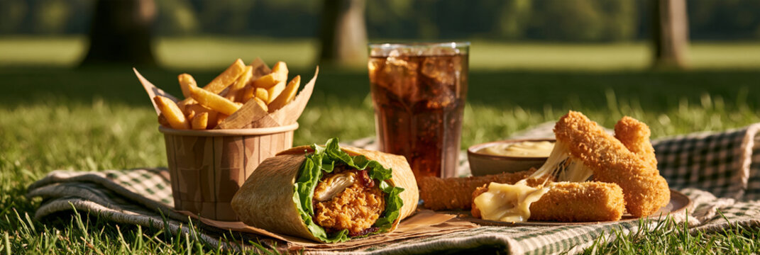 Picknick mit Wrap, Pommes frites und Getr&auml;nk im Freien