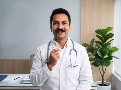 Doctor Holding Fake Mustache for Movember Mens Health Awareness in Clinic