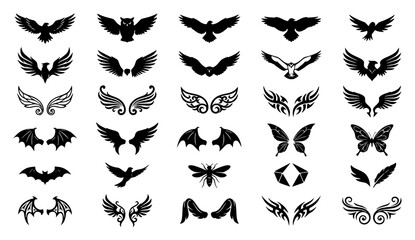 Fototapeta premium Collection of various black wing silhouettes arranged in set with simple line art design featuring outline, illustration, graphic elements with clean design and vector art