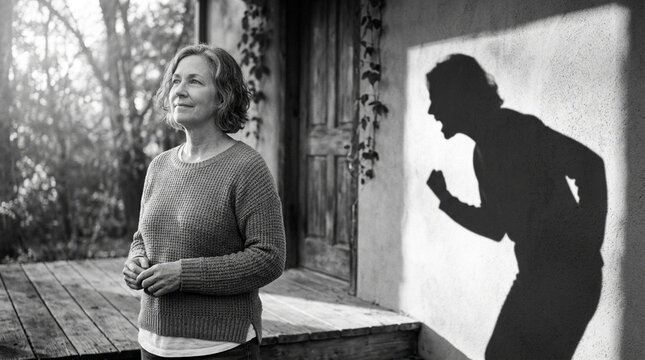Woman Contemplating Shadow Figure of Anger and Frustration