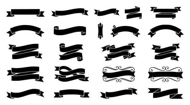 Collection of various black ribbon banners and scrolls arr set with simple line art design featuring outline, illustration, graphic elements with clean design and vector art