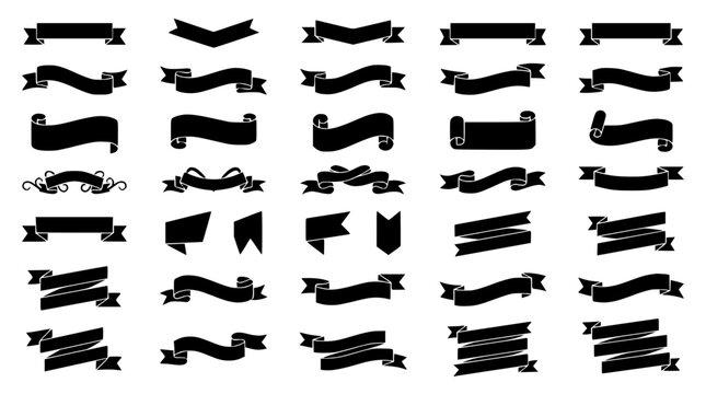 Collection of various black ribbon banners and scrolls arr set with simple line art design featuring line art, illustrations, graphic resources with vector and design elements