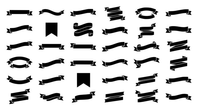 Collection of various black ribbon banners and scrolls arr set with simple line art design featuring outline, illustration, graphic elements with clean design and vector art